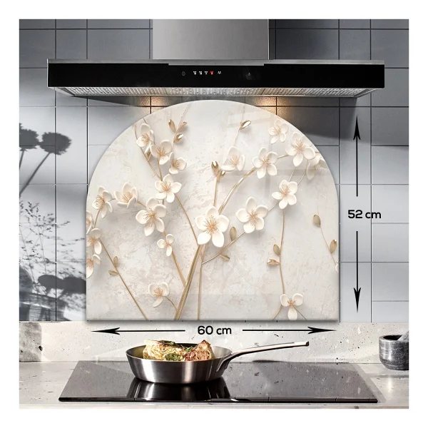 Decorita Cam Ocak Arkası Koruyucu Oval Şekilli Beyaz Çiçek - Gold 52cm X 60cm - Görsel 2