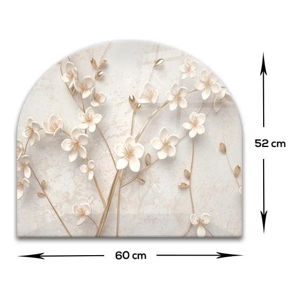 Decorita Cam Ocak Arkası Koruyucu Oval Şekilli Beyaz Çiçek - Gold 52cm X 60cm - Görsel 3