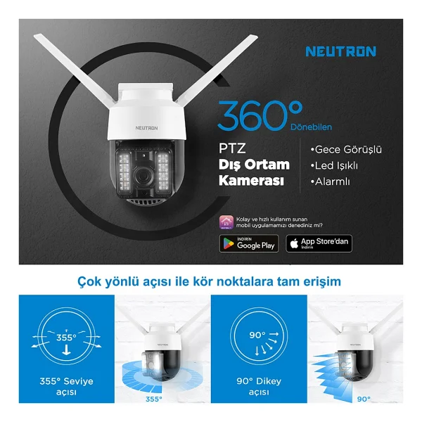 Neutron Gece Görüşlü LED Işıklı 360 Derece Dönebilen Alarmlı Ip Wi-Fi Dış Ortam Güvenlik Kamerası Beyaz - Görsel 3