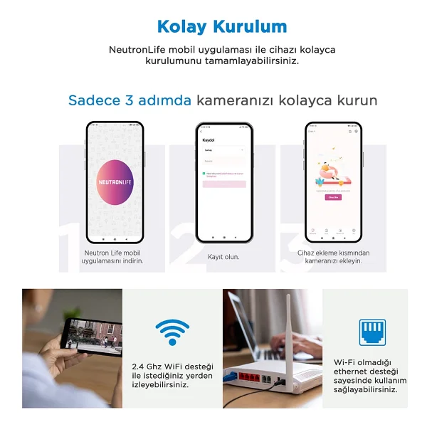 Neutron Gece Görüşlü LED Işıklı 360 Derece Dönebilen Alarmlı Ip Wi-Fi Dış Ortam Güvenlik Kamerası Beyaz - Görsel 6