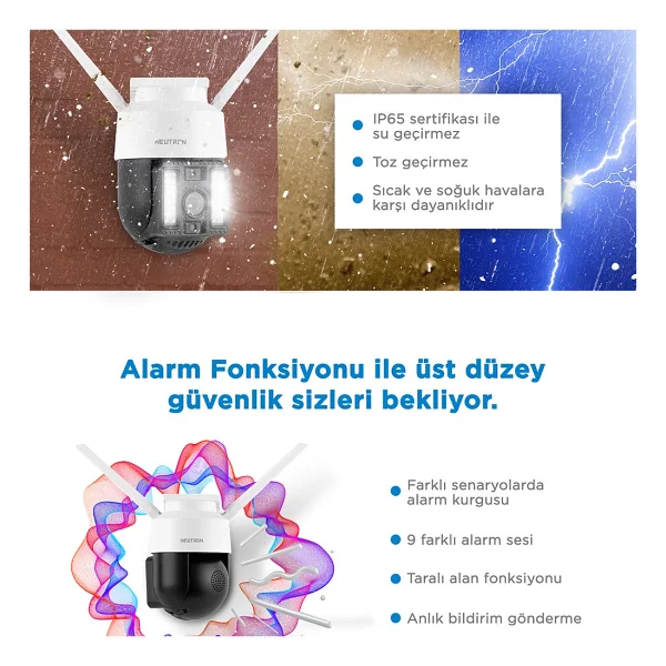 Neutron Gece Görüşlü LED Işıklı 360 Derece Dönebilen Alarmlı Ip Wi-Fi Dış Ortam Güvenlik Kamerası Beyaz - Görsel 7