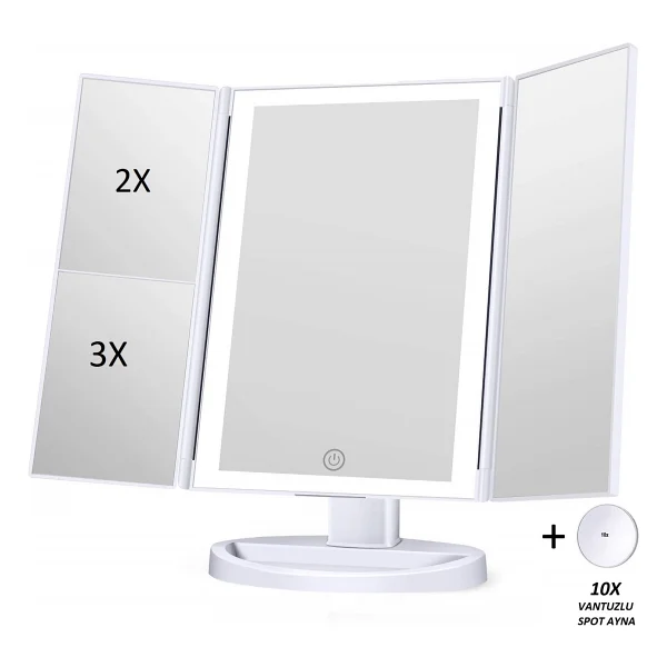 Land Of Myth - 1x-2x-3x-10x Büyütmeli 37 LED Işıklı Makyaj Aynası, 3 Panel, Katlanabilir, Dokunmatik Sensörlü - Beyaz - Görsel 6
