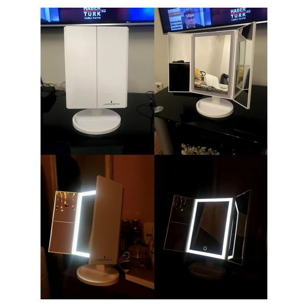 Land Of Myth - 1x-2x-3x-10x Büyütmeli 37 LED Işıklı Makyaj Aynası, 3 Panel, Katlanabilir, Dokunmatik Sensörlü - Beyaz - Görsel 4