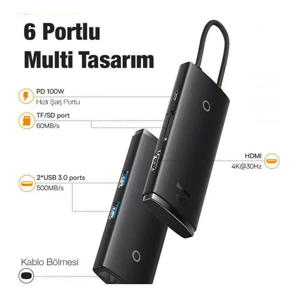 Baseus 100w 6in1 Pd Type C Çoğaltıcı Çevirici Hub, 2x USB, 1x Hdmi, 1x Pd Type C, 1x Sd/Tf Adaptör - Görsel 2