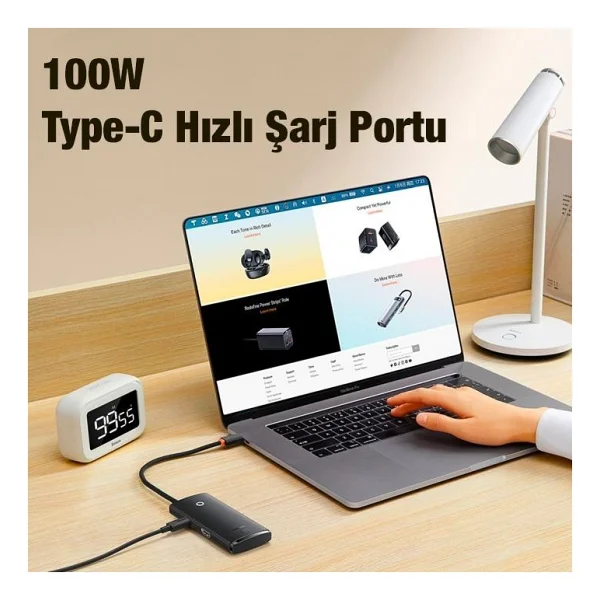 Baseus 100w 6in1 Pd Type C Çoğaltıcı Çevirici Hub, 2x USB, 1x Hdmi, 1x Pd Type C, 1x Sd/Tf Adaptör - Görsel 3