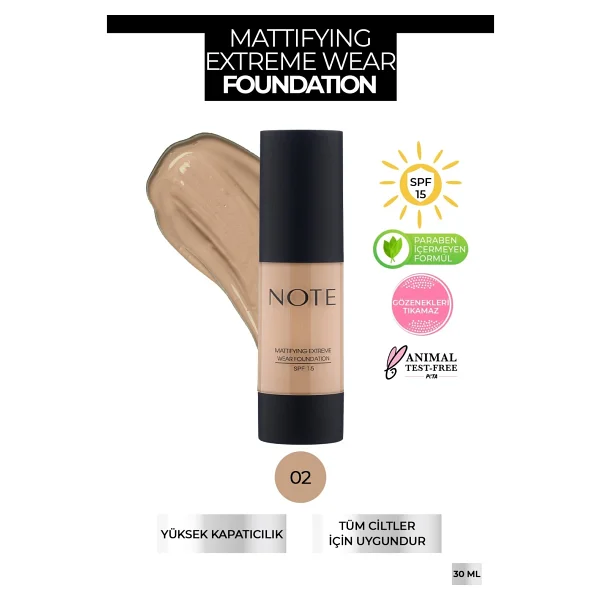 Note Mattifying Extreme Wear Spf 15 02 Natural Beige 35 Ml Likit Fondöten - Görsel 6