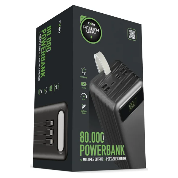 Powerway Tx80 80000 mAh Fenerli Şarj Göstergeli Taşınabilir Powerbank Siyah - Görsel 4