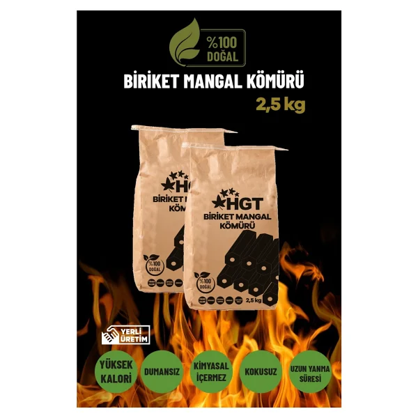 Briket Mangal Kömür Doğal Kimyasal Sız Presle Üretilmiş Dumansız Kokusuz Yüksek Isı 2,5 Kg (Hediyeli) - Bej - 1 Adet - Görsel 7