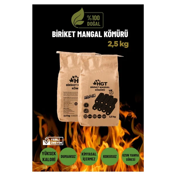 Briket Mangal Kömür Doğal Kimyasal Sız Presle Üretilmiş Dumansız Kokusuz Yüksek Isı 2,5 Kg (Hediyeli) - Bej - 1 Adet - Görsel 2