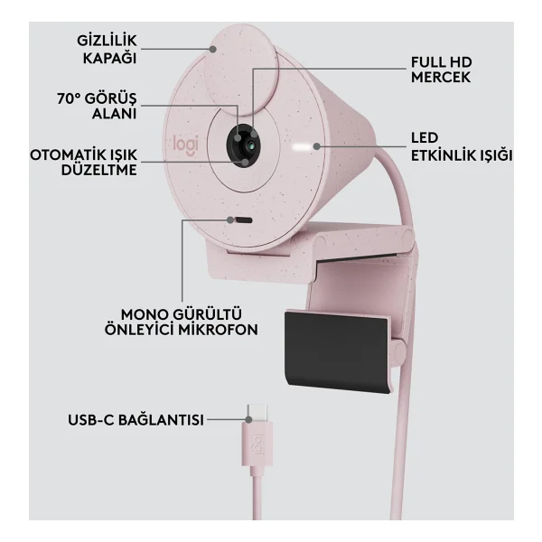 Logitech Brio 300 960-001448 Mikrofonlu Webcam Pembe - Görsel 6
