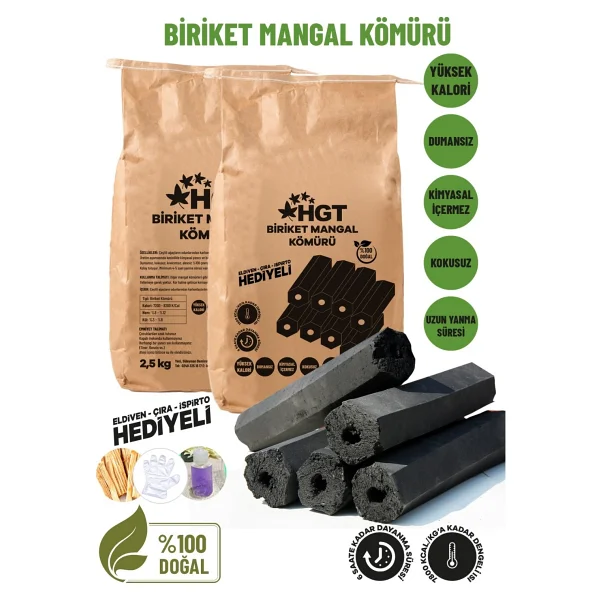 Briket Mangal Kömür Doğal Kimyasal Sız Presle Üretilmiş Dumansız Kokusuz Yüksek Isı 2,5 Kg (Hediyeli) - Bej - 1 Adet - Görsel 3