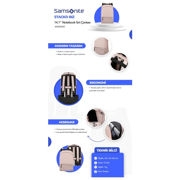 Samsonite Stackd Bız Kh8-80-001 Pembe 14.1" Laptop Sırt Çantası - Görsel 8