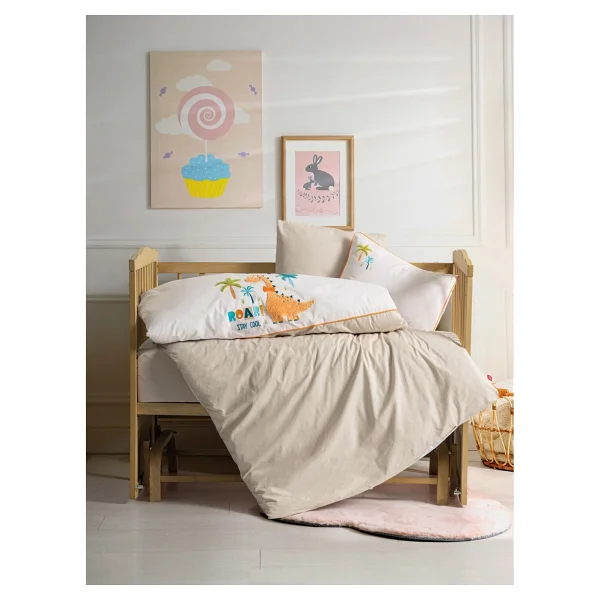 Cotton Box %100 Pamuk Dinozor Ve Palmiye Nakışlı Bebek Nevresim Takımı - Renkli Bebek Nevresim Modelleri - Kiddo - 100 X 150 Cm - Krem - Görsel 3