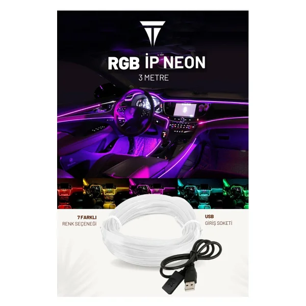 C9 RGB Araç Içi Atmosfer Ambiyans Ip Neon Torpido LED 3 Metre USB Girişli - Görsel 4