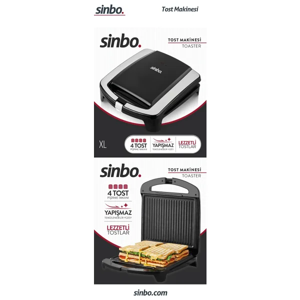 Sinbo Elektrikli Tost Makinesi 1500 W Izgara Fonksiyonlu Teflon Kaplama Siyah Gri Alüminyum - Görsel 3