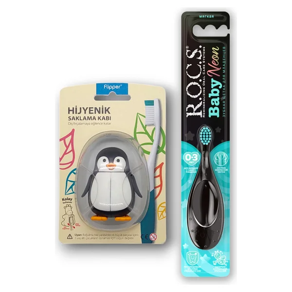 R.O.C.S. Baby Neon 0-3 Yaş Diş Fırçası Turkuaz Ve Flipper Hijyenik Saklama Kabı Seti - Penguen - Görsel 6