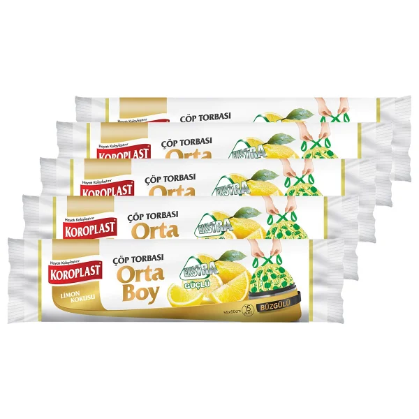Koroplast Ekstra Güçlü Orta Boy Limon Kokulu Büzgülü Çöp Torbası 55x60cm - 15'li X 5 Adet Avantajlı - Görsel 2