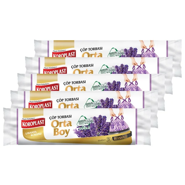 Koroplast Ekstra Güçlü Orta Boy Lavanta Kokulu Büzgülü Çöp Torbası 55x60cm - 15'li X 5 Adet Avantajlı - Görsel 2