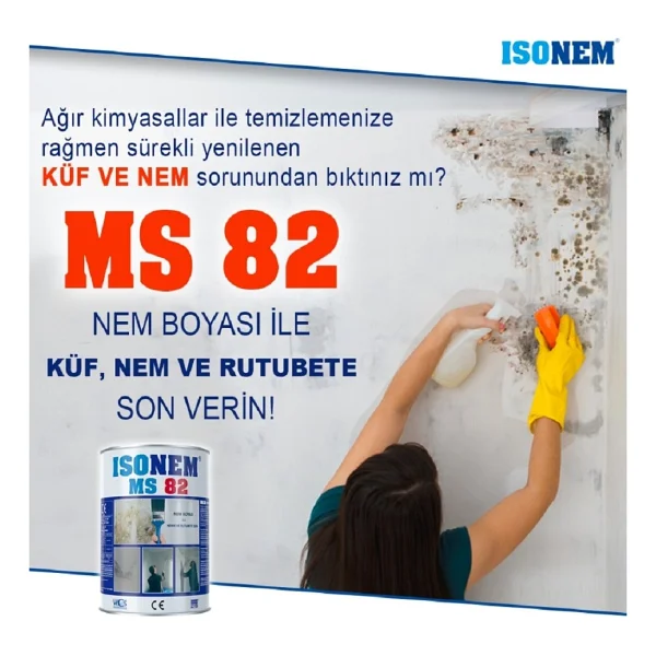 İsonem Ms 82 Nem Ve Rutubet Küf Boyası + Izmir Fırça Epoksi Rulo 10 Cm + 2.5 No Fırça + 3 Cm Maskeleme Bandı + Temizlik Bezi - 1 Kg - Görsel 2