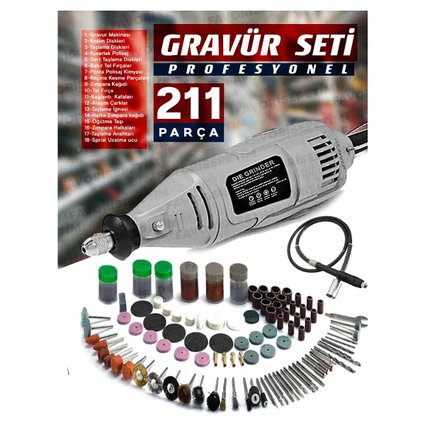 Proxtech Premium Çok Amaçlı Devir Ayarli 211 Parça Hobi Gravür Seti El Motoru Usta Set Esnek Şaft Hediyeli - Görsel 2