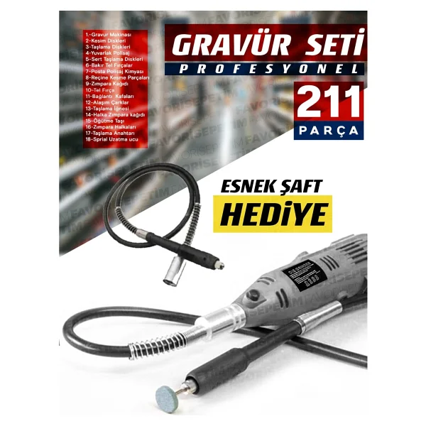 Proxtech Premium Çok Amaçlı Devir Ayarli 211 Parça Hobi Gravür Seti El Motoru Usta Set Esnek Şaft Hediyeli - Görsel 3