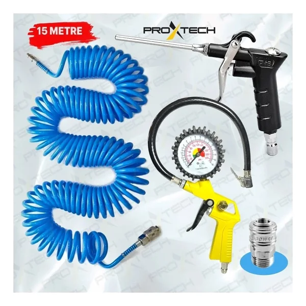 Proxtech Kompresör Lastik Şişirme, Spiral Hava Hortumu 15 Mt Hava Jakı Hava Tabancası Recor Seti - Görsel 2