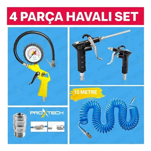 Proxtech Kompresör Lastik Şişirme, Spiral Hava Hortumu 15 Mt Hava Jakı Hava Tabancası Recor Seti - Görsel 3