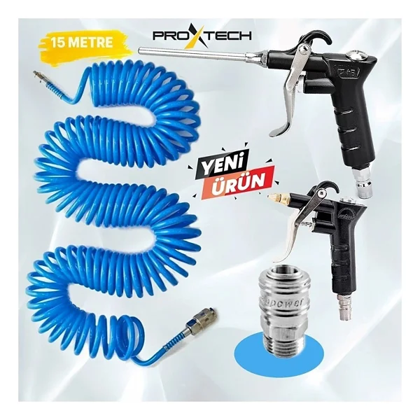 Proxtech Kompresör Spiral Hava Hortumu 8 Mm 15 Mt Hava Jakı Hava Tabancası Recor 3 Pcs Seti - Görsel 2