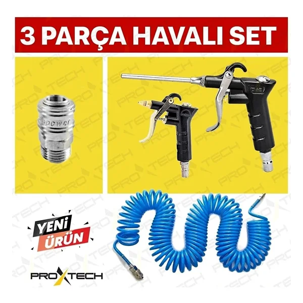Proxtech Kompresör Spiral Hava Hortumu 8 Mm 15 Mt Hava Jakı Hava Tabancası Recor 3 Pcs Seti - Görsel 3
