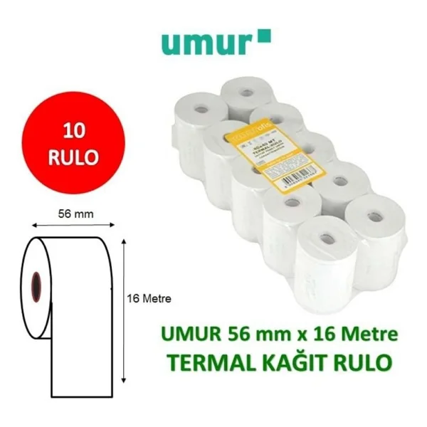 Umur Yazar Kasa Rulosu Termal 10'lu 56 Mm X 16 Metre Beyaz Renkli Kağıt - Görsel 3