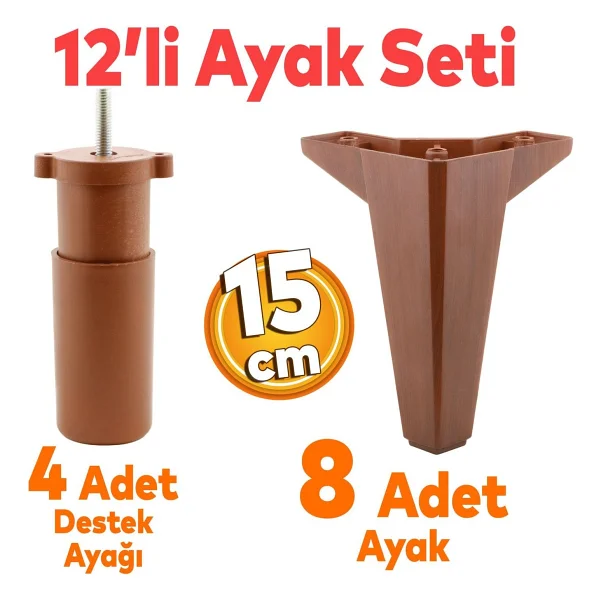 Badem10 Sedir 12'li Set Mobilya TV Ünitesi Çekyat Koltuk Kanepe Destek Ayağı 15 Cm Kahverengi Baza Ayak - Görsel 10