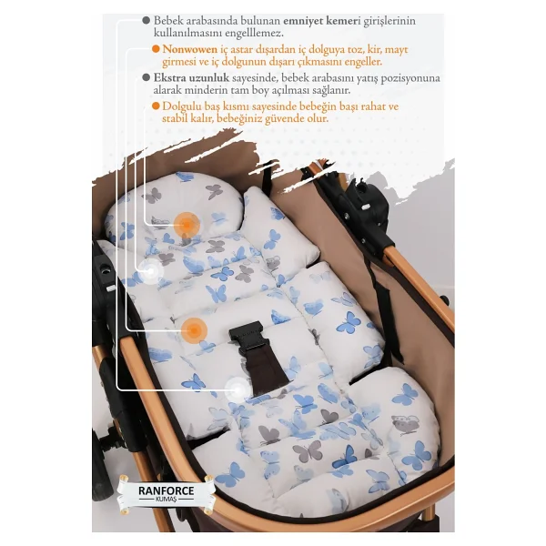 Umaybebek Ortopedik Bel Destekli Bebek Arabası Minderi, Pamuk Kumaş - Orijinal Ürün - Mavi - Gri - Görsel 3