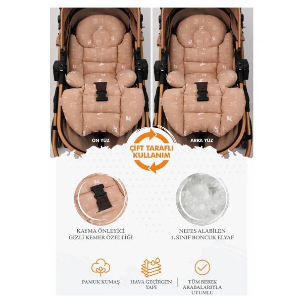 Umaybebek Ortopedik Bel Destekli Bebek Arabası Minderi, Pamuk Kumaş - Orijinal Ürün - Beige - Navy - Görsel 2