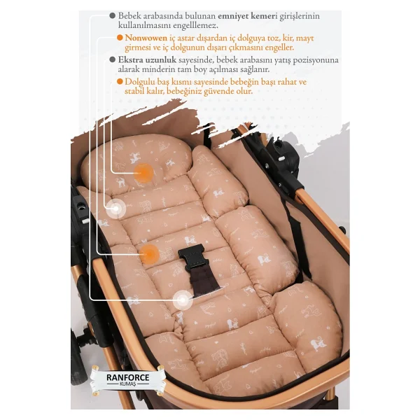 Umaybebek Ortopedik Bel Destekli Bebek Arabası Minderi, Pamuk Kumaş - Orijinal Ürün - Beige - Navy - Görsel 3