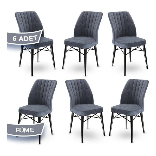 Canisa Concept Flex Serisi Üst Kalite Mutfak Sandalyesi Gürgen Siyah Ahşap Ayak 6 Adet Sandalye, - Füme - Görsel 4