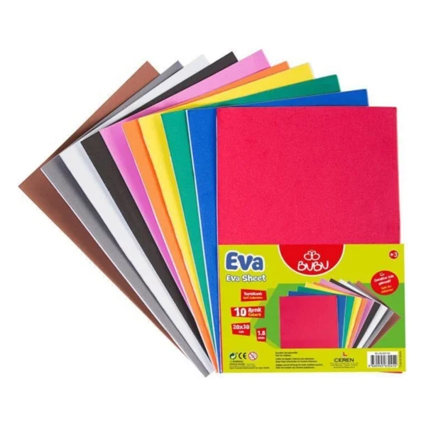 Bubu 20x30 Düz Yapışkanlı Eva 1.8 Mm 10 Renk -Ev0036 Elişi Kağıdı Paket 10 Adet Canlı Renkler - Görsel 2