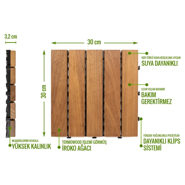 Sunsoe İroko Ağacı Balkon Bahçe Ahşap Yer Döşemesi Karo Deck 30x30 Cm - 1 Adet (0,09m2) - 30 X 30 Cm - Görsel 5