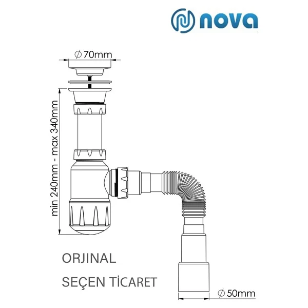 Nova 1 Kalite Körüklü Tahliye Taslı Lavabo Evye Sifonu Depolu Lavabo Evye Gider Borusu - Görsel 2