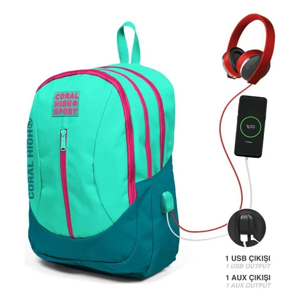 Coral High Sport USB Şarjlı Kulaklık Çıkışlı 4 Bölmeli Okul Sırt Çantası - Görsel 6