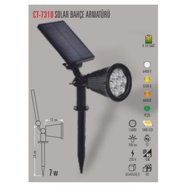 Cata Ct-7310 Zena 7 W LED Gün Işığı Kazıklı Solar Bahçe Armatürü - Görsel 2