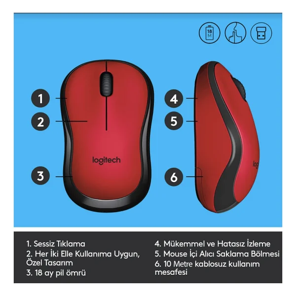 Logitech M220 910-004880 Kırmızı Sessiz Optik Kablosuz Mouse - Görsel 6