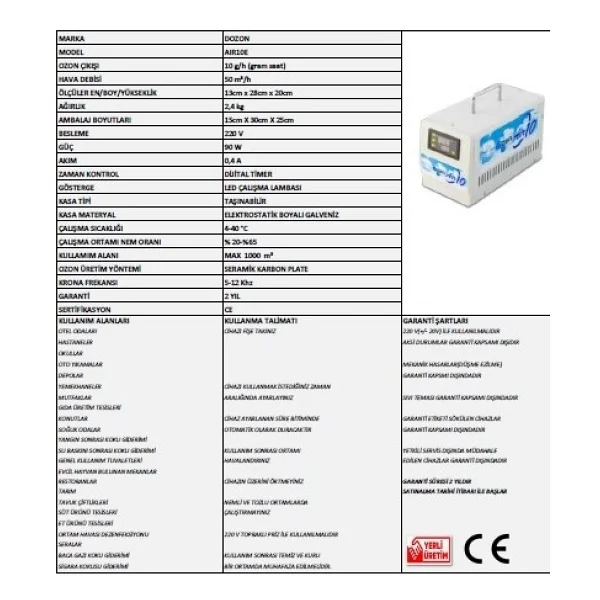 Dozon Otel Ve Depolar İçin 10g/H Taşınabilir Ozon Jeneratörü - Görsel 5