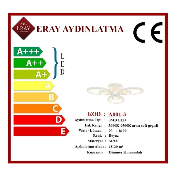 Eray Aydınlatma A001-3 Kumandalı 3 Renk LED Avize - Görsel 2