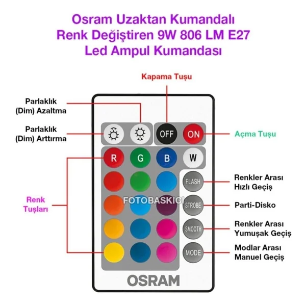Osram 9 W-60 W E27 RGB Kumandalı LED Ampul - Görsel 10
