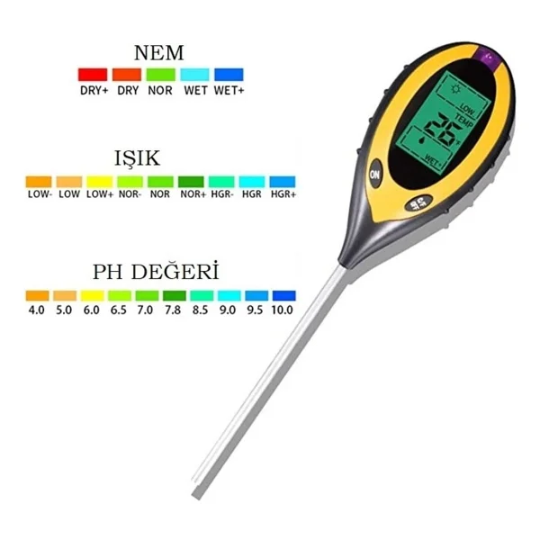 Unichrome 4'lü Toprak Ph Ölçer Sıcaklık Ölçer Nem Ölçer Işık Ölçer Pilsiz Toprak Test Aleti - Görsel 3