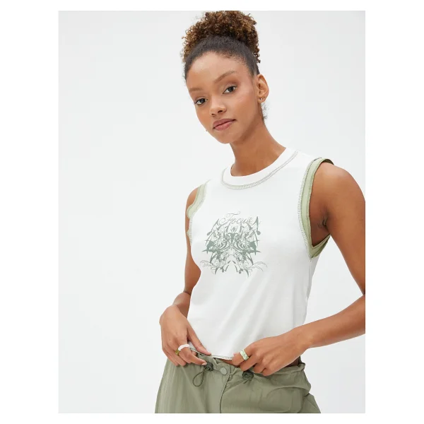 Koton Crop Atlet Baskılı Dikiş Detaylı Bisiklet Yaka - XS - Ekru - Görsel 2