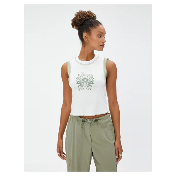 Koton Crop Atlet Baskılı Dikiş Detaylı Bisiklet Yaka - XS - Ekru - Görsel 3