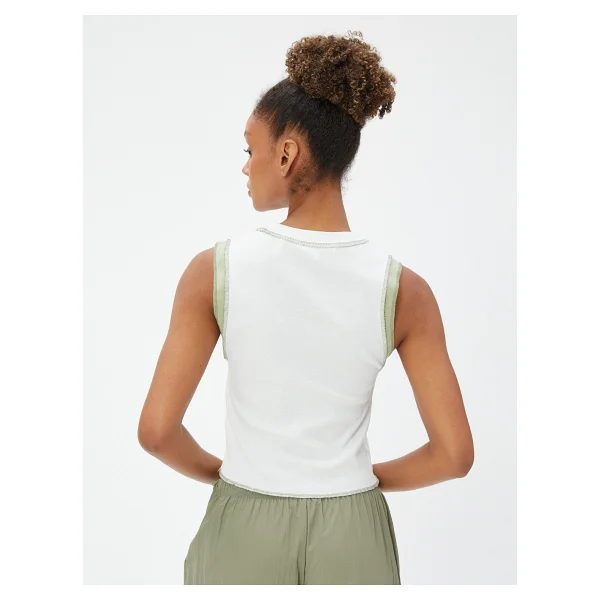 Koton Crop Atlet Baskılı Dikiş Detaylı Bisiklet Yaka - XS - Ekru - Görsel 4
