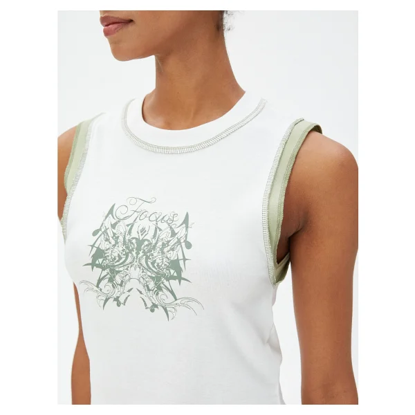 Koton Crop Atlet Baskılı Dikiş Detaylı Bisiklet Yaka - XS - Ekru - Görsel 5