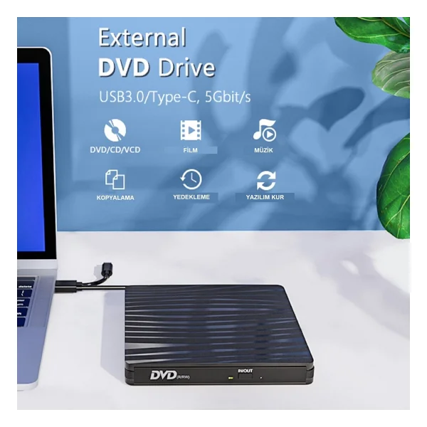 Upway DVD Rw USB 3.0 Type-C Slim Harici CD DVD Yazıcı Okuyucu MacBook iMac Wındows11 - Görsel 2